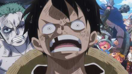 One Piece screenshots from the anime cut together showing Luffy Shocked while an injured Zoro and Giants with Shanks are in the background.