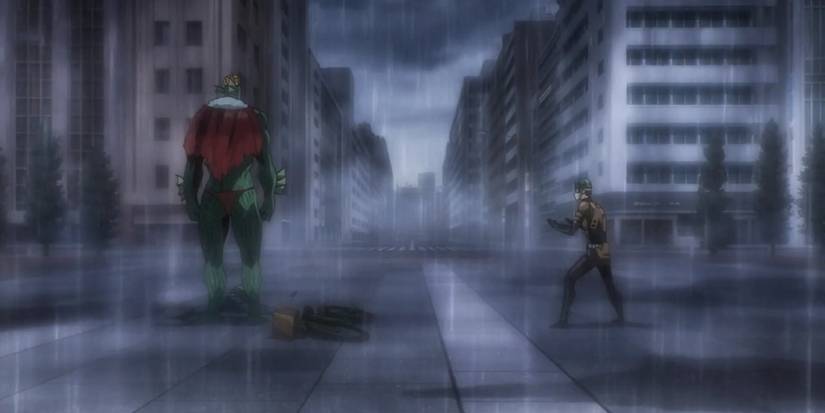 Mumen Rider faces off with the Deep Sea King in the rain.