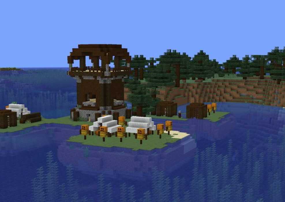 Small island with Spruce biome, and a Pillager Outpost surrounded by water in Minecraft.