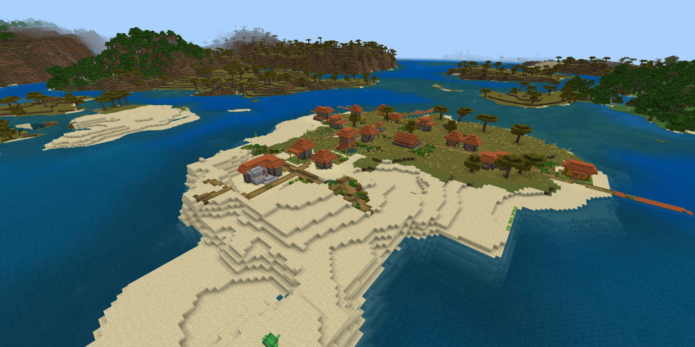 View of a Savanna Village island on the Pirate Pillager PE Minecraft Seed.