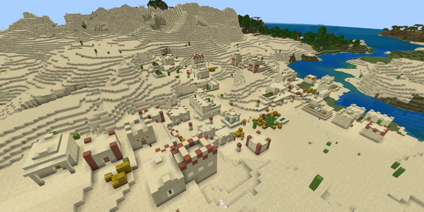 View of a Desert Village island on the Pirate Pillager PE Minecraft Seed.