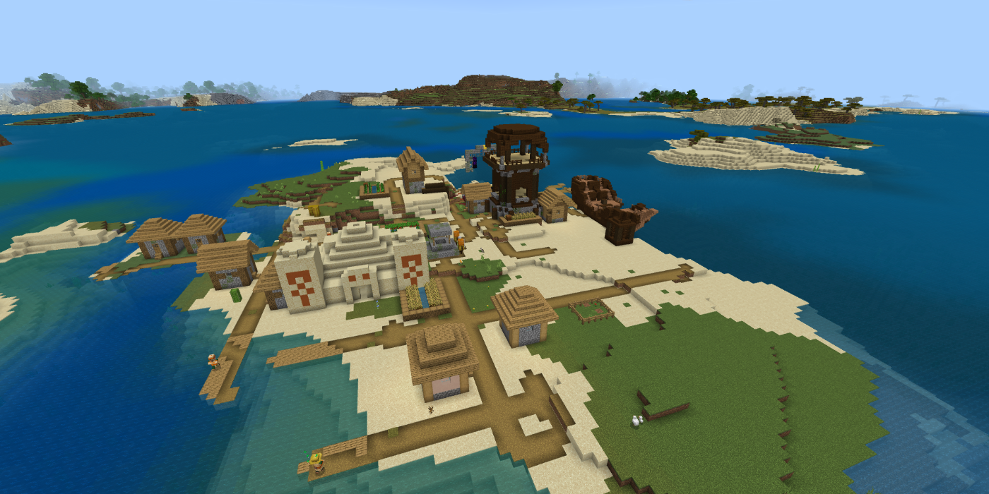 iew of a village with a Pillager Outpost and a Shipwreck on an island, in the Pirate Pillager Island PE Seed.