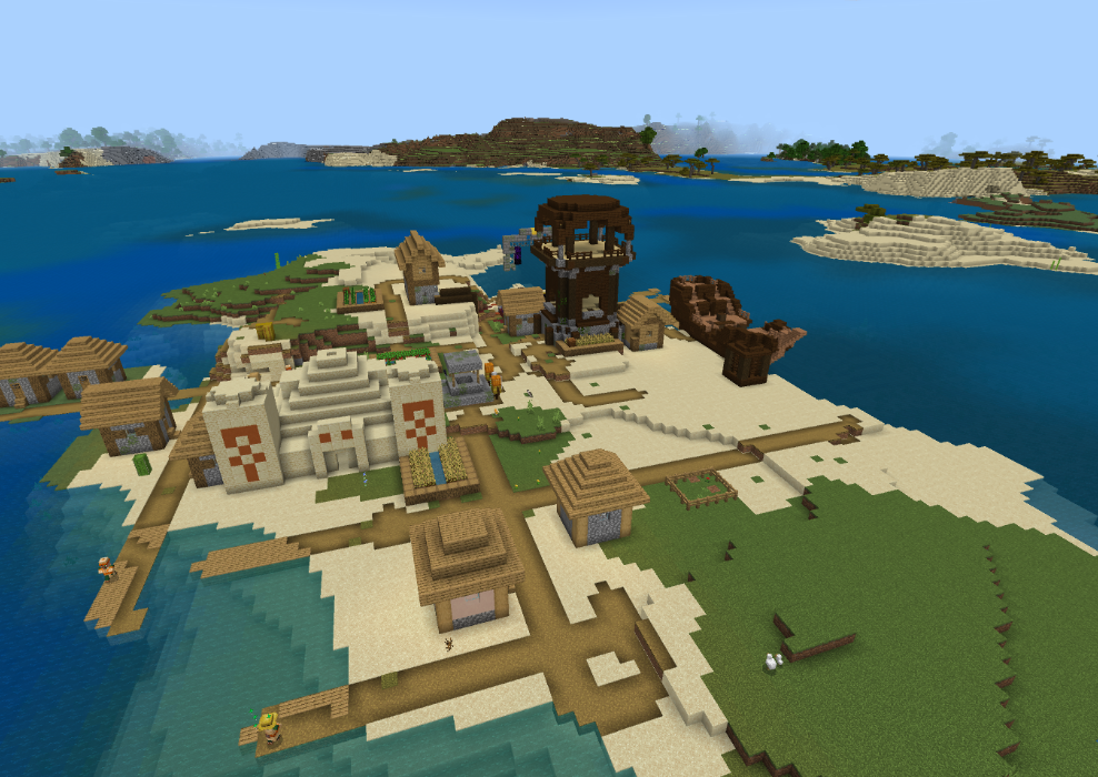 iew of a village with a Pillager Outpost and a Shipwreck on an island, in the Pirate Pillager Island PE Seed.