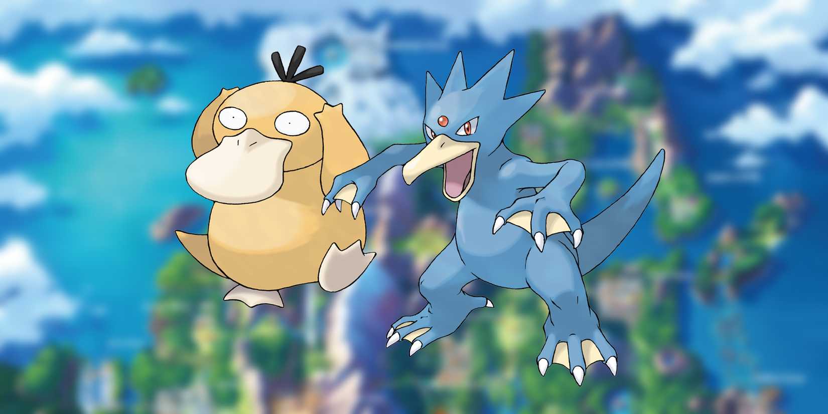 Psyduck and its evolution Golduck in Pokemon Brilliant Diamond & Shining Pearl