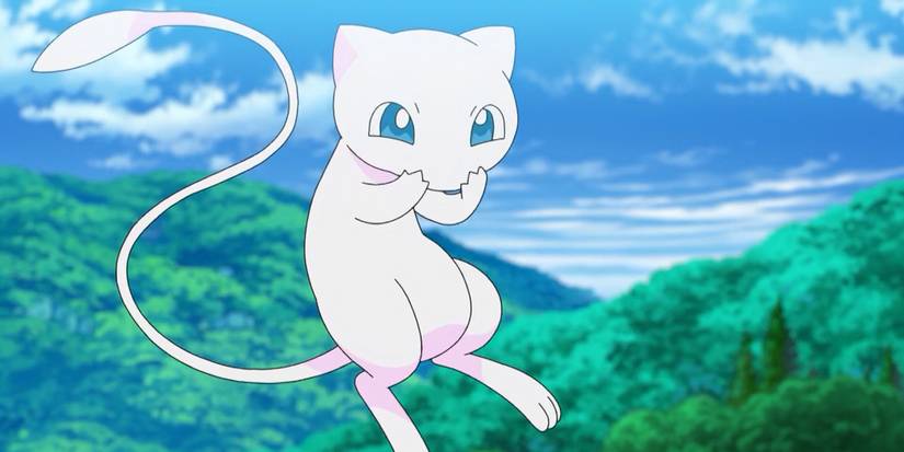 Mew floating over the mountainous countryside.