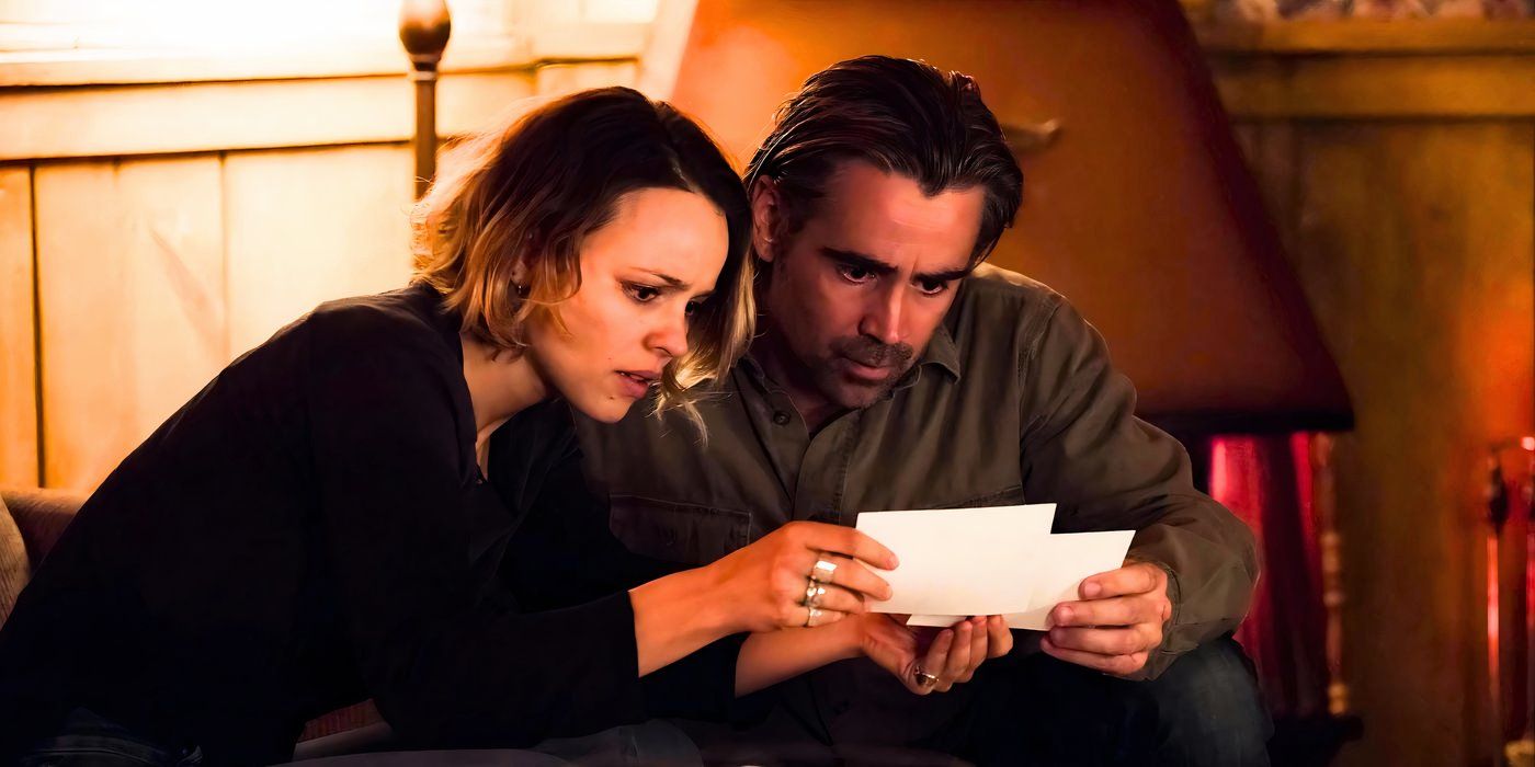 Rachel McAdams and Colin Farrell look at photographs in surprise in True Detective season 2