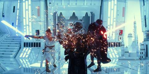 Rey and Kylo Ren smashing Vader's helmet in The Rise of Skywalker
