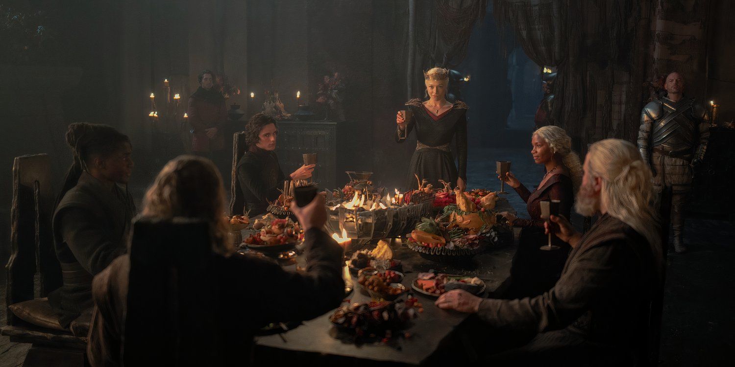 Rhaenyra (Emma D'Arcy) toasting to Jace, Baela, Addam, Ulf, and Hugh in House of the Dragon season 2's finale