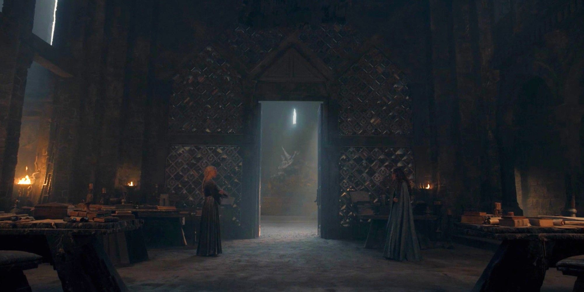 Rhaenyra Targaryen and Alicent Hightower meet on opposite sides of the room at Dragonstone in House of the Dragon's season 2 finale