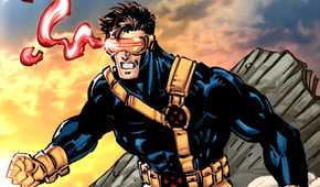 Scott Summers a.k.a. Cyclops using his eye beams and wearing his classic X-Men suit in Marvel Comics