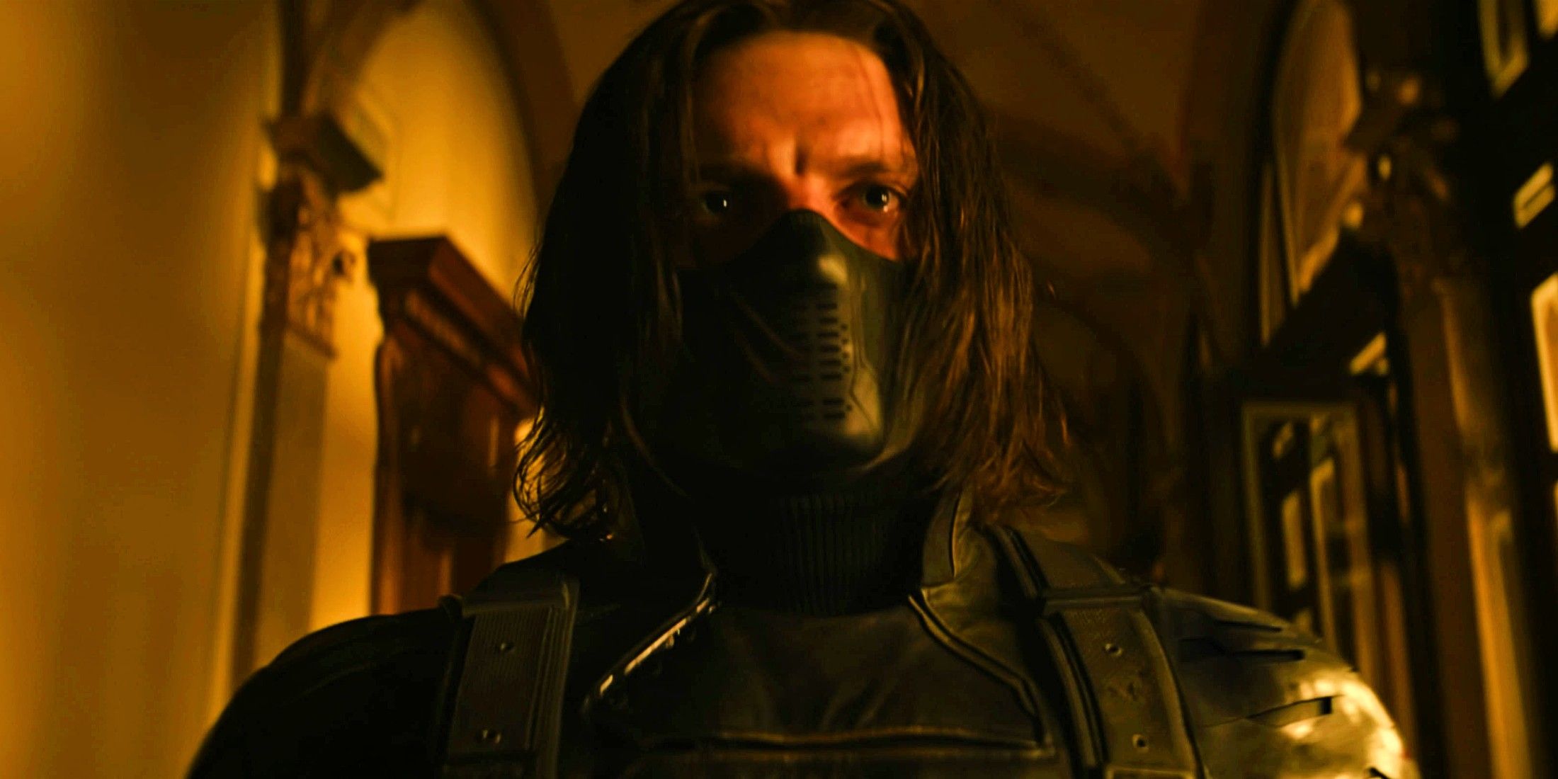 Sebastian Stan As Bucky Barnes In Full Winter Soldier Getup In A Hotel Hallway In The Falcon and The Winter Soldier