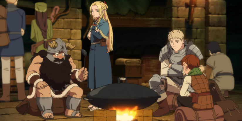 Senshi, Laios, Chilchuck and Marcille waiting for the Scorpion and Walking Mushroom Hotpot on Delicious in Dungeon-1