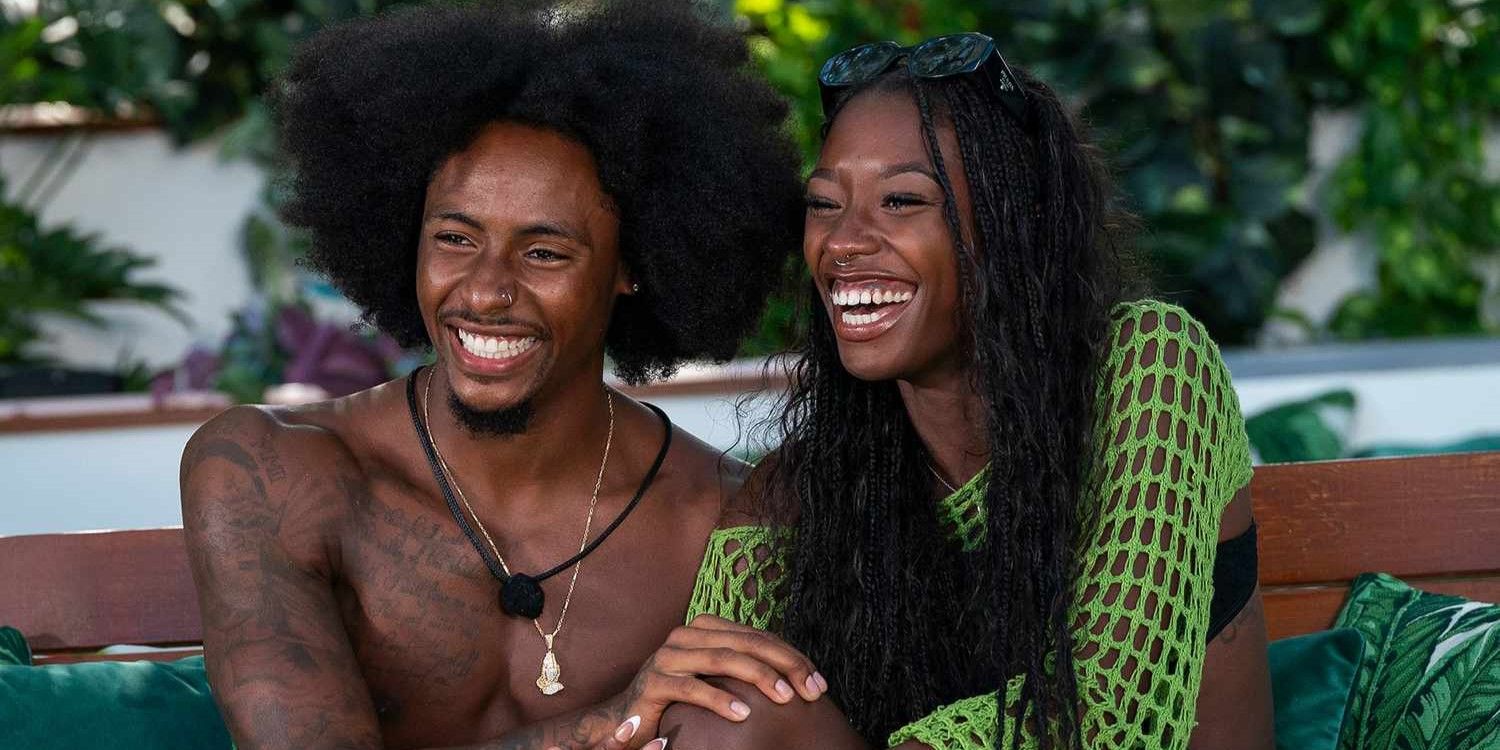 Serena Page and Kordell Beckham from Love Island USA season 6 smiling and laughing in the villa