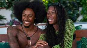 Serena Page and Kordell Beckham from Love Island USA season 6 smiling and laughing in the villa