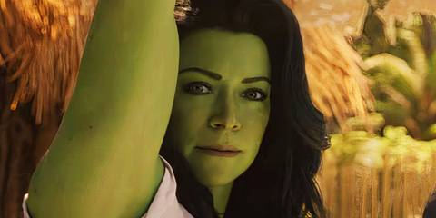 She-Hulk looking at the camera with her arm up in She-Hulk Attorney at Law