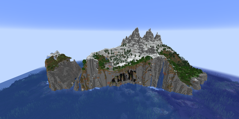 View of a Snowy mountain island surrounded by water, made with stone and forest biomes in a seed in Minecraft.