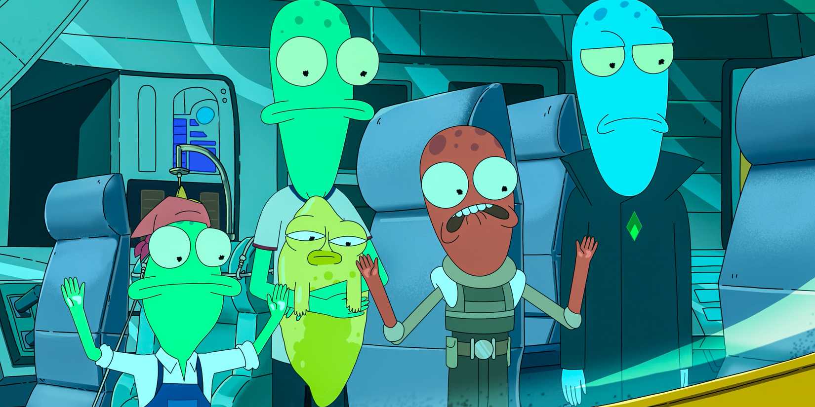 Jesse, Terry, Pupa, Yumyulack e Korvo olhando pela janela de sua nave espacial viajando de planeta em planeta em Solar Opposites Season 5