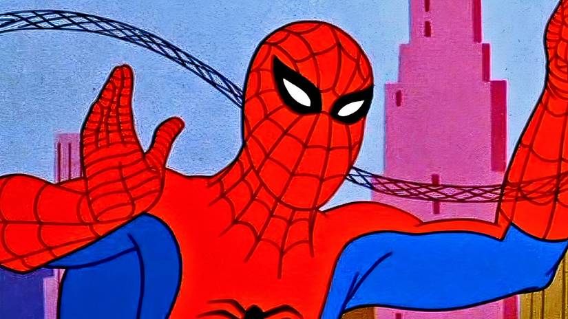 Spider-Man from the 1967 animated series swinging through New York City.