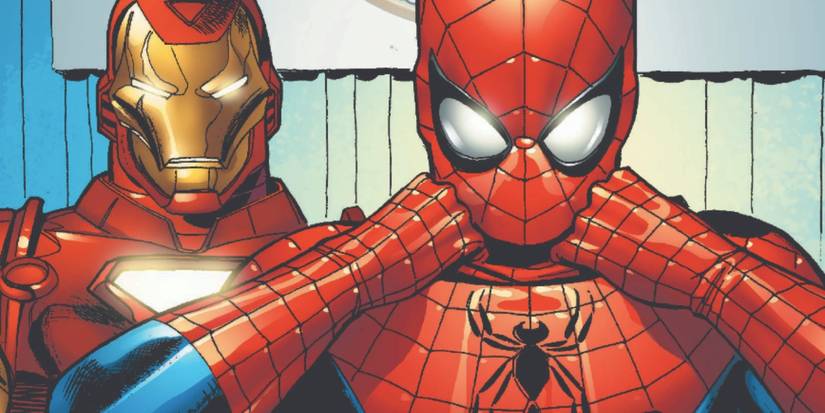 Spider-Man and Iron Man in Civil War, Spider-Man's about to take off his mask.