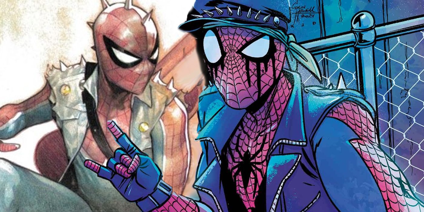 An illustration of Spider-Punk Hobie Brown from the comics looks suspiciously at Heavy Metal Spider-Man in the foreground, throwing up the horns with his right hand and thick black eyeliner dripping down his mask.