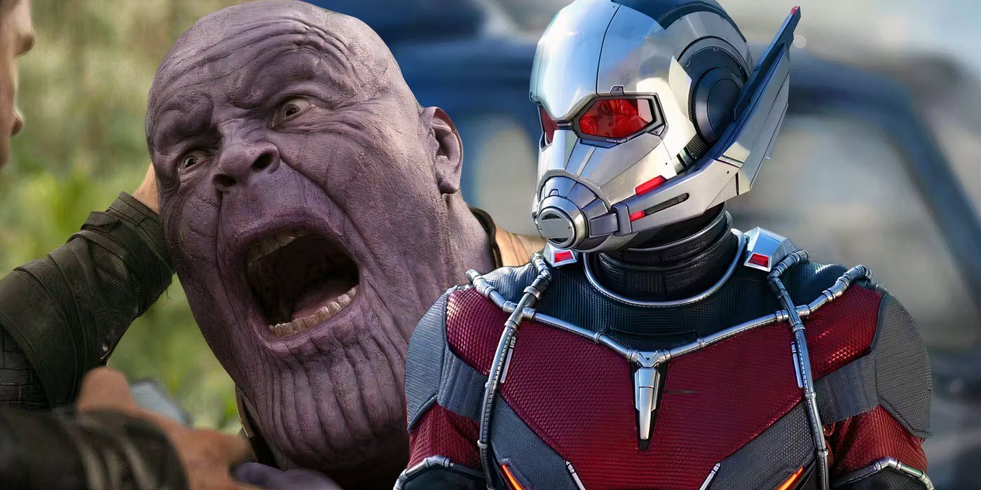 Split image of Thanos being stabbed by Thor and Ant Man in full costume in the MCU