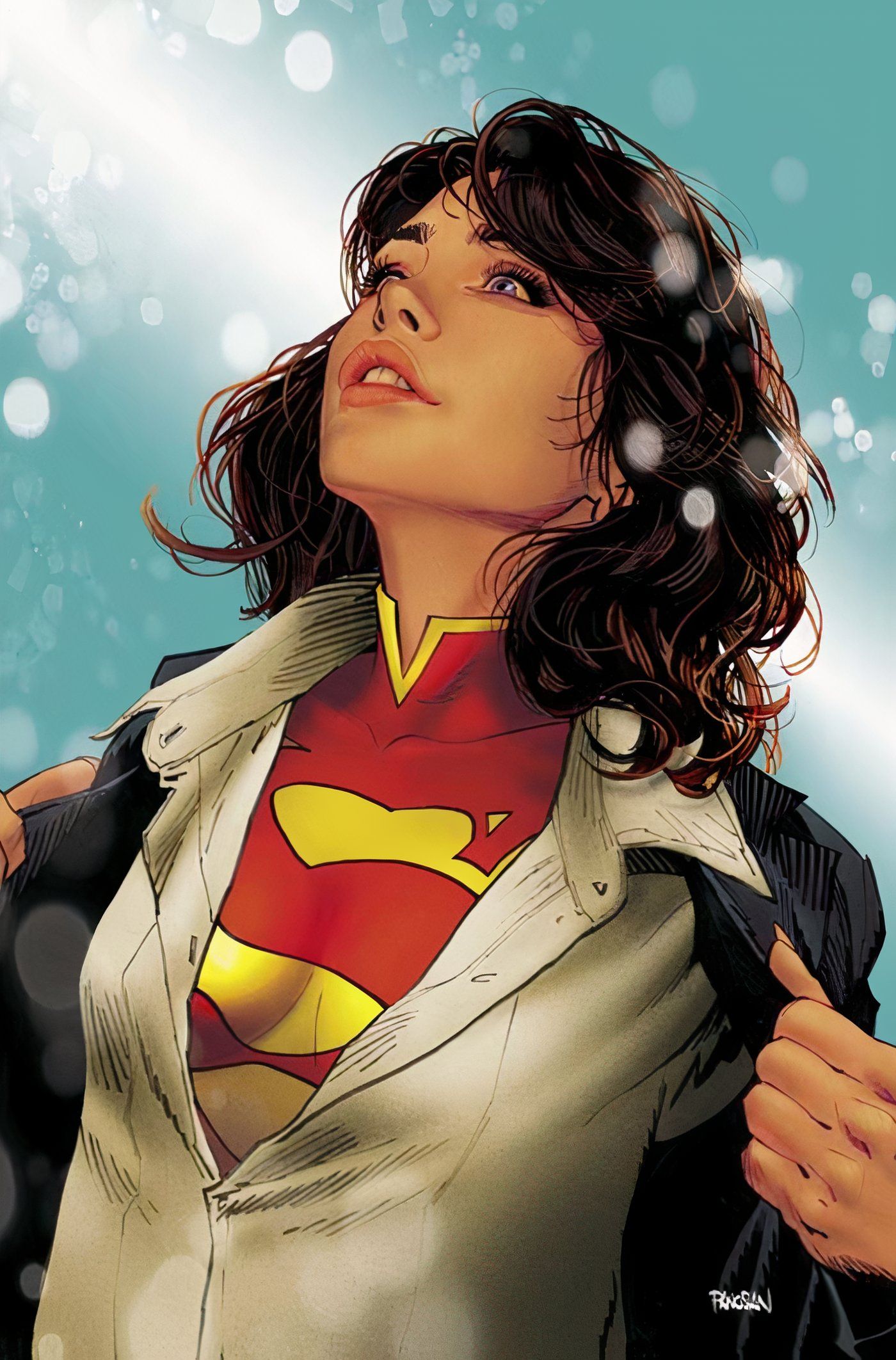Comic book cover: Lois Lane as Superwoman reveals her crest under her work shirt.