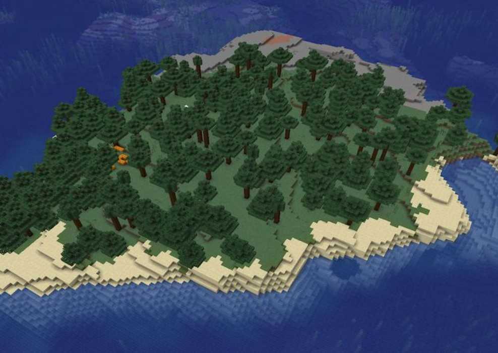 Small island with a Taiga biome, surrounded by sand and water in Minecraft.