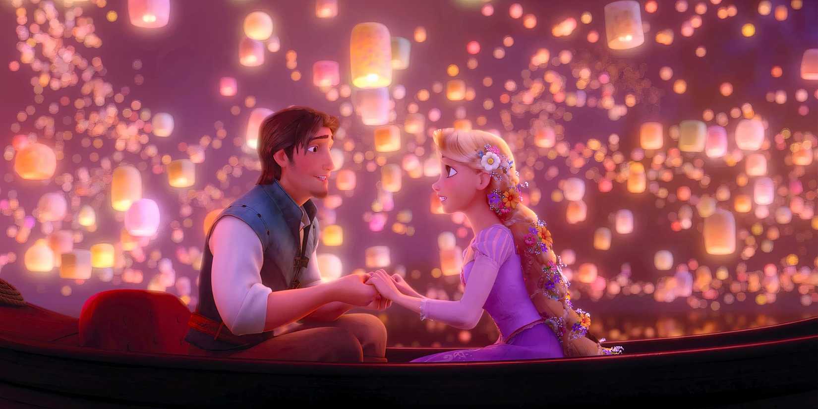 Rapunzel and Flynn Holding Hands In A Boat With Lanterns Behind Them