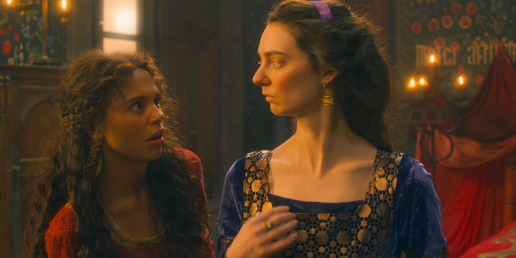 Steamier & More Satirical Than Bridgerton 1 Filomena (Jessica Plummer) looks shocked at a hickey on Licisca's (Tanya Reynolds) neck in The Decameron Season 1