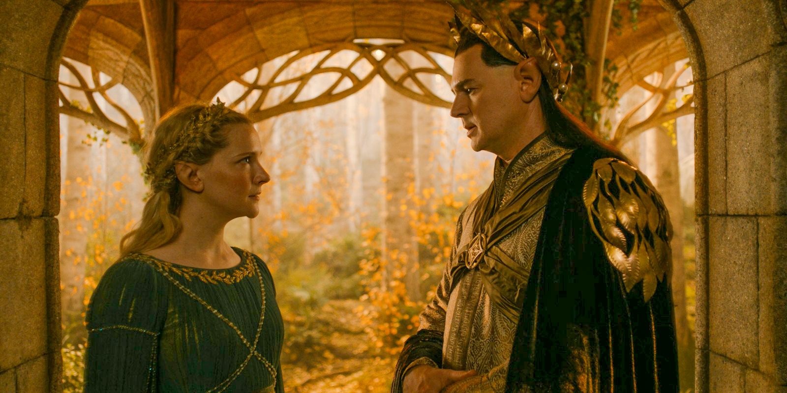 Galadriel (Morfydd Clark) and High King Gil-galad (Benjamin Walker) talking about the visions revealed to them by the Ring of Power in The Lord of the Rings: The Rings of Power Season 2 Episode 2