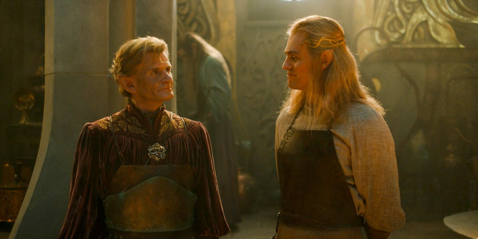 Celebrimbor and Annatar smile as they receive mithril from Durin and Disa in The Lord of the Rings: The Rings of Power.