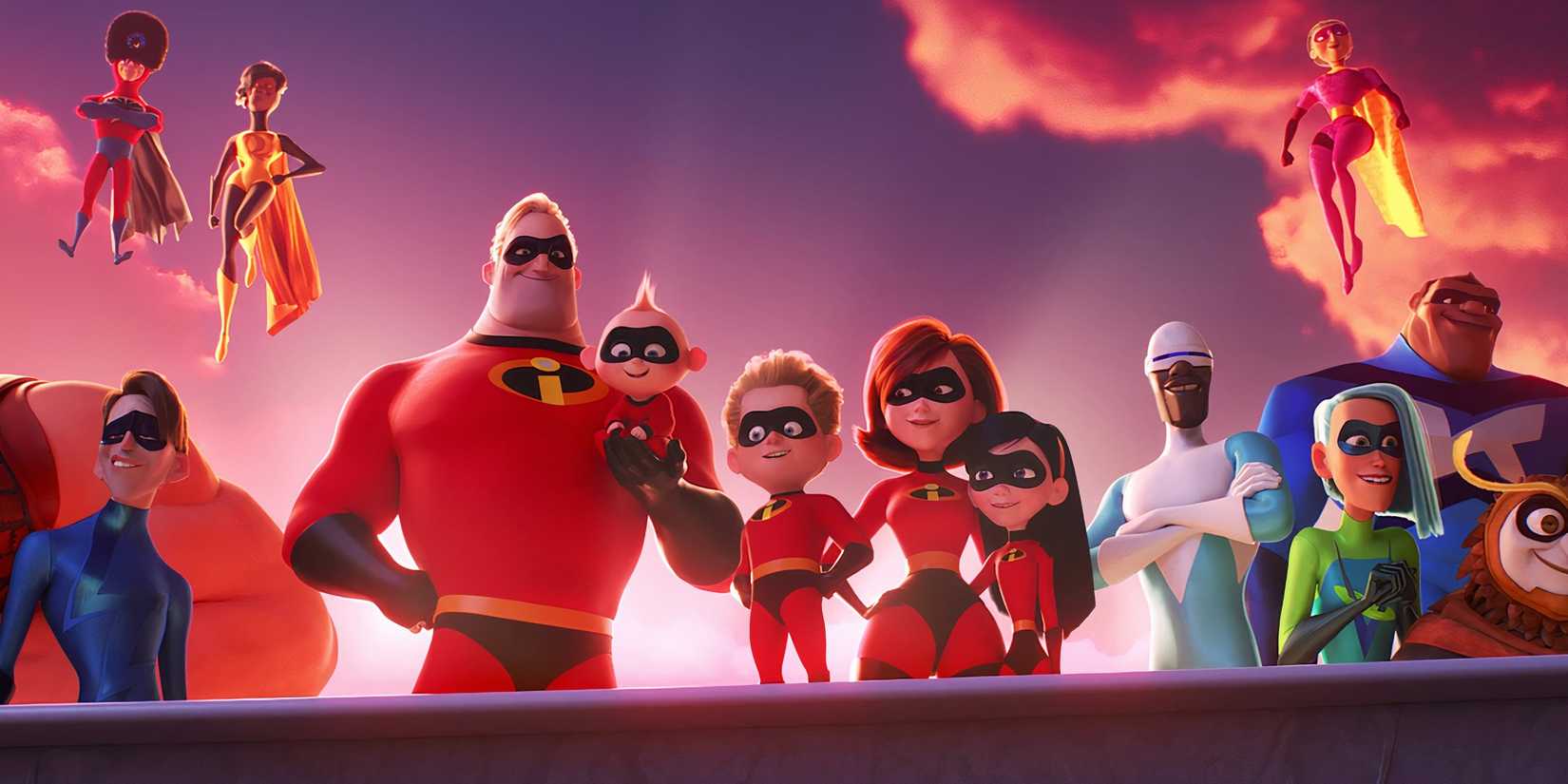 the parr family and other superheroes standing triumphantly in the incredibles 2
