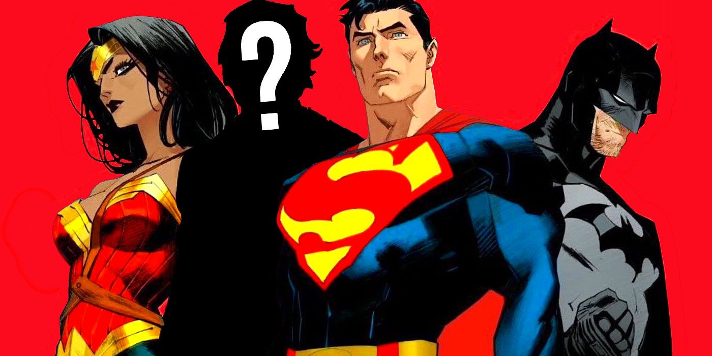 the superman, batman, wonder woman trinity with a mysterious fourth member