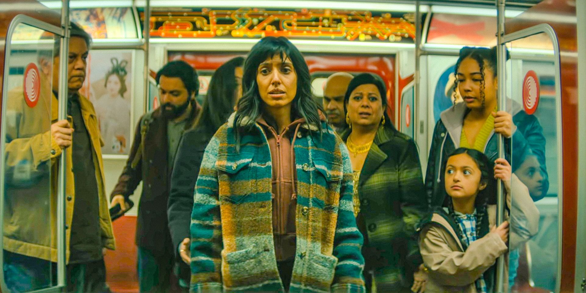 A worried Lila (Ritu Arya) gets her family to safety on the train in The Umbrella Academy Season 4 Episode 6