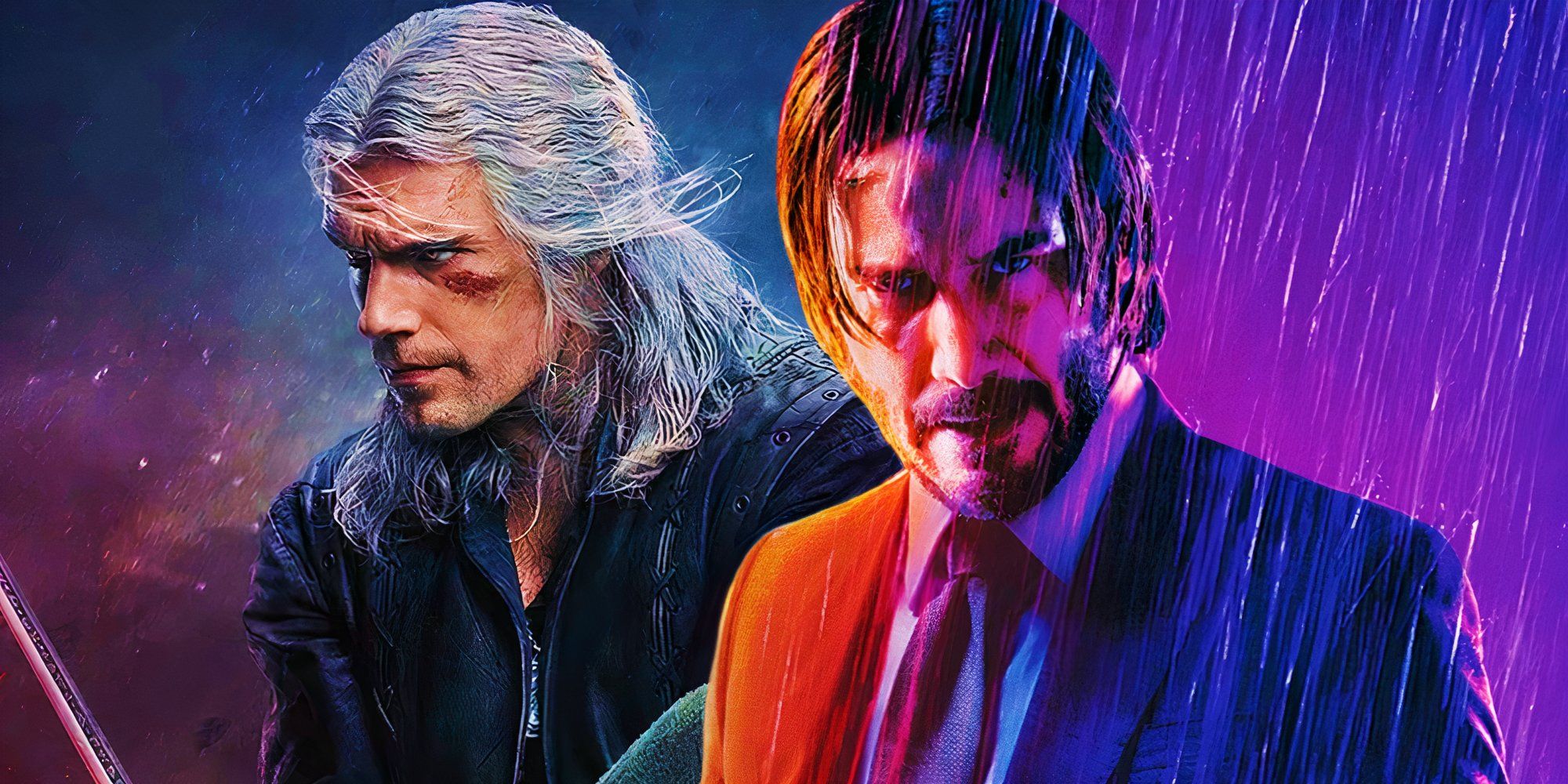 Henry Cavill as Geralt in the poster for The Witcher season 3 (2023) next to Keanu Reeves as John Wick from John Wick: Chapter 4 (2023)