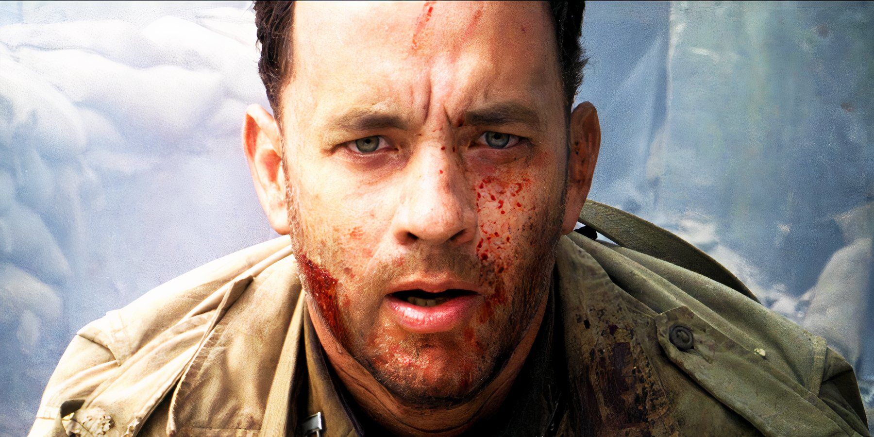 Tom Hanks looking shellshocked in Saving Private Ryan