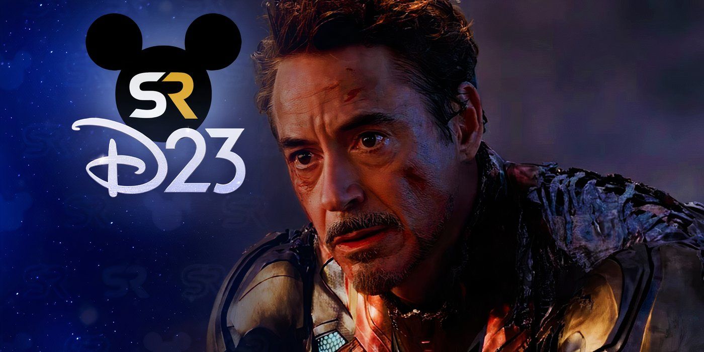 Tony Stark during final battle in Avengers Endgame with D23 logo overlay