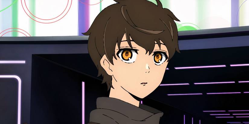 Tower of God's Bam looking kind of clueless in a multi-colored hallway lined with purple lights.