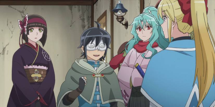 Makoto wearing a silver eye mask while the girls watch