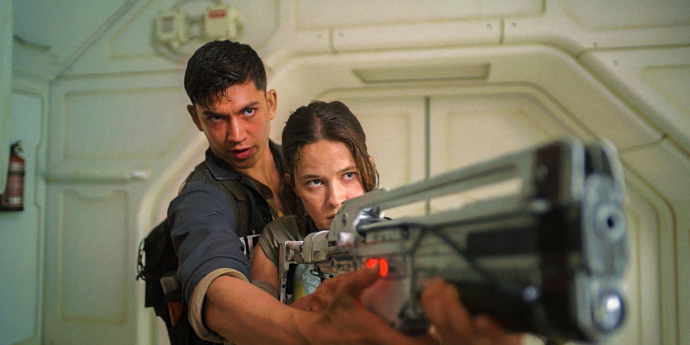 Tyler teaches Rain how to hold a gun in Alien: Romulus