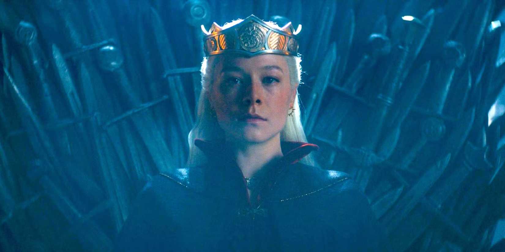 A crowned Rhaenyra seated on the Iron Throne in Daemon's vision in House of the Dragon s2e8
