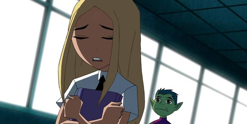 Teen Titans scene of Terra looking sad and Beast Boy looking at her 