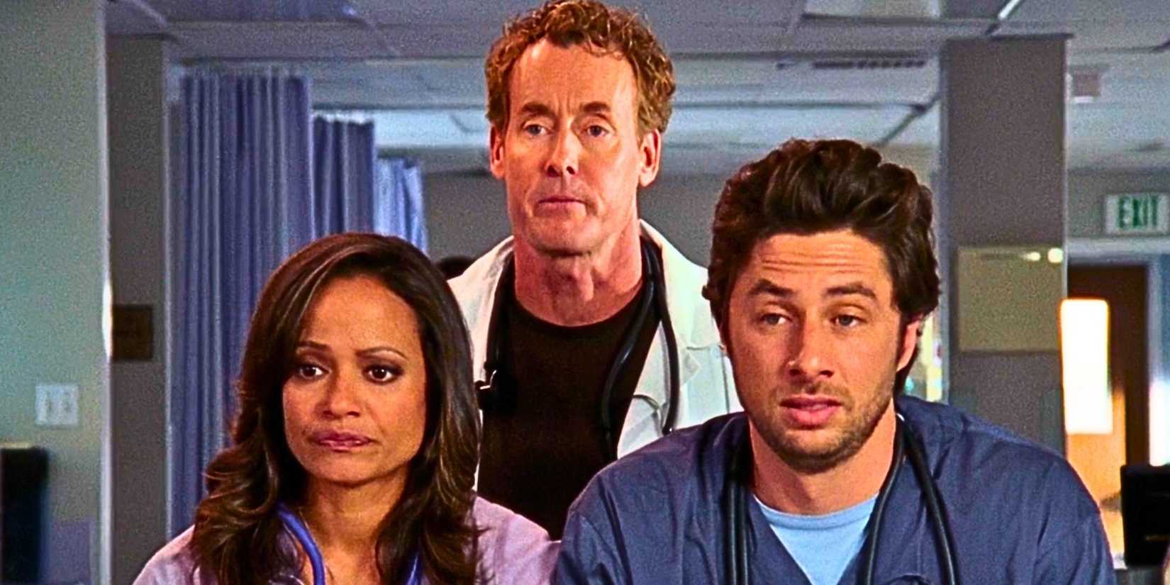 20 Reasons JD From Scrubs Was The Least Likable Character 8 Carla, Dr. Cox, and JD all looking serious in Scrubs