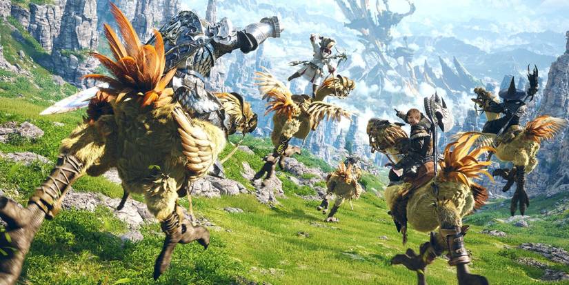 A group of FF14 players riding Chocobos running toward a massive structure in the distance