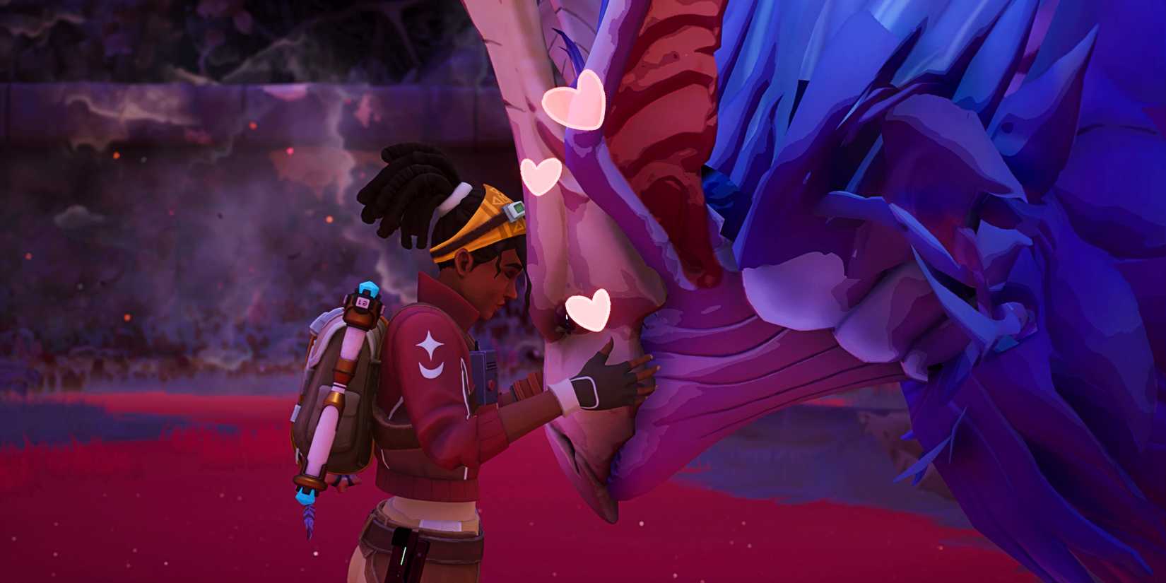 10 Games To Cure Your Pokopia FOMO 1 Vic presses her forehead against that of a giant, birdlike creature as hearts emanate from them in a screenshot from Creatures of Ava.