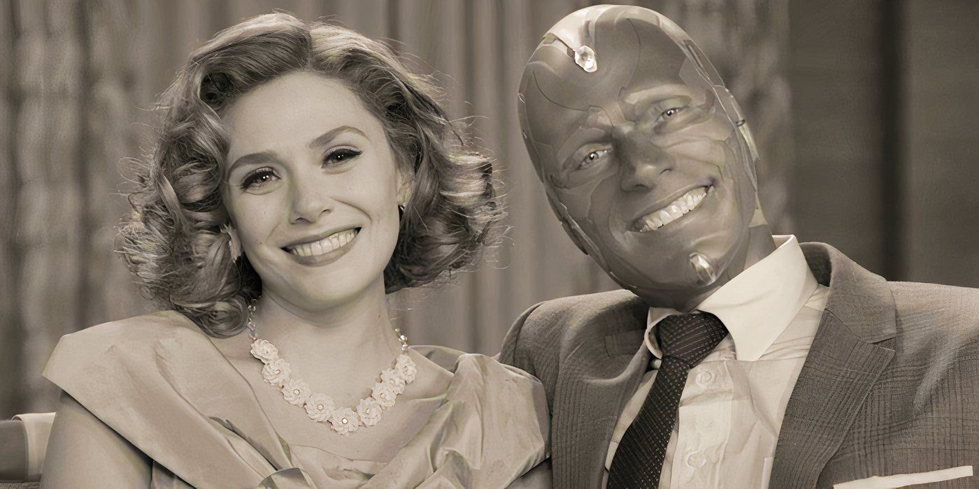 Wanda Maximoff and Vision sat together smiling in 1950s-themed episode in WandaVision