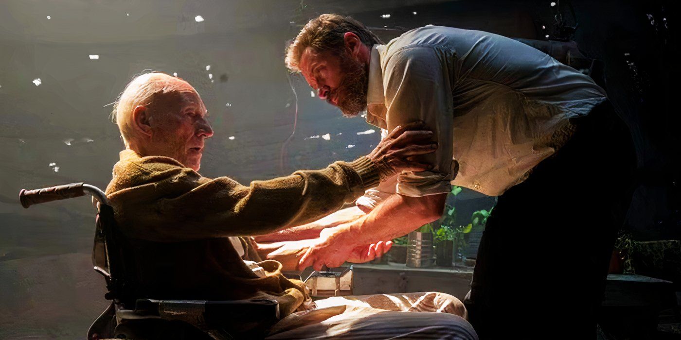 Wolverine caring for an elderly Professor X in Logan