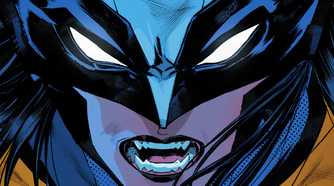 Close up of Laura Kinney as Wolverine, bearing her sharp teeth beneath her masked eyes.