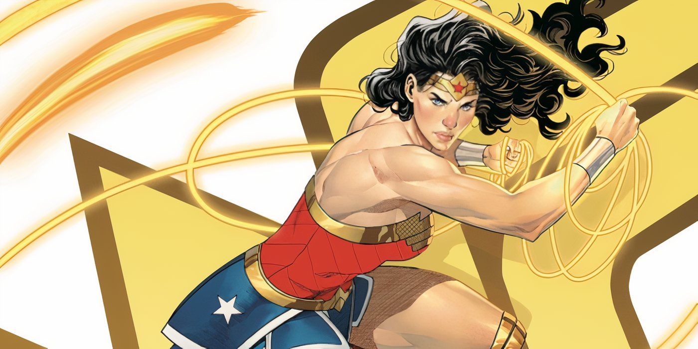 Seni buku komik: Wonder Woman mengayunkan lasonya di depan logo emas All In miliknya.