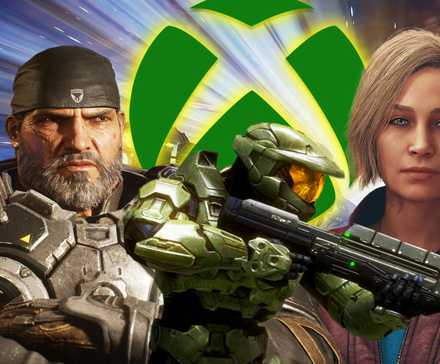 Персонажи из Starfield, Halo и Gears of War с логотипом Xbox на заднем плане.